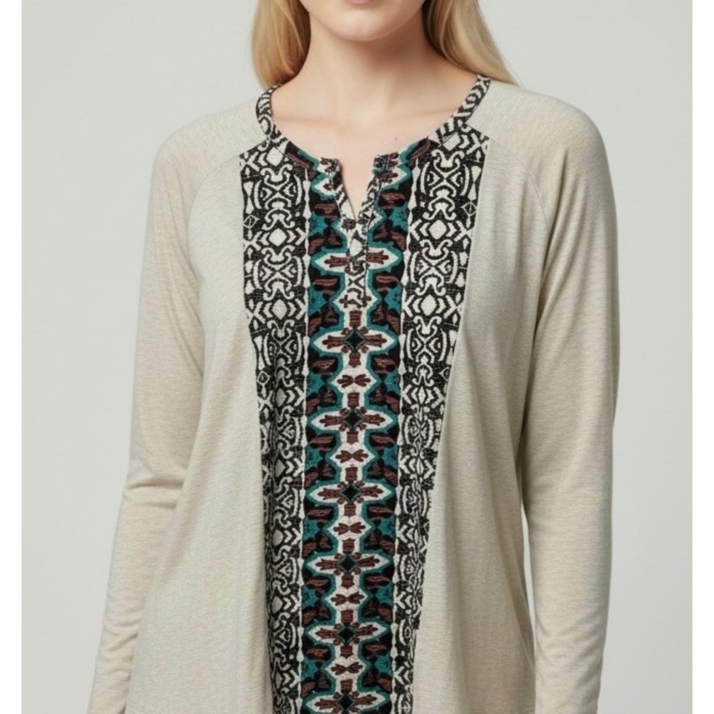 Denim & Co size large  Large Oatmeal Geometric Tribal Print Henley Tunic
